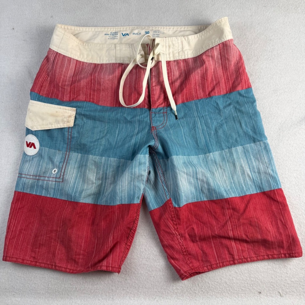 RVCA Mens 30 Board Shorts Red White Blue Striped Surf Trunks Cargo Pocket
